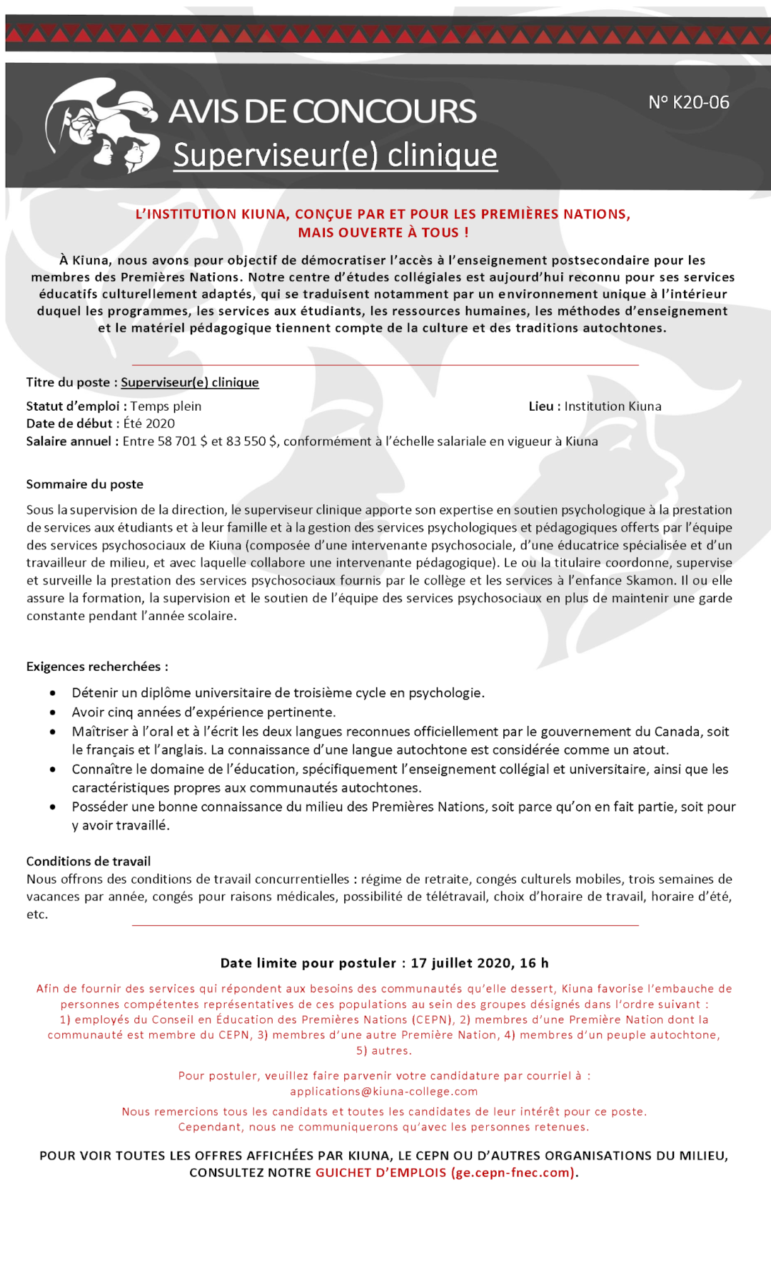 3 New Job postings at Kiuna Institution Mohawk Council of Kanesatake